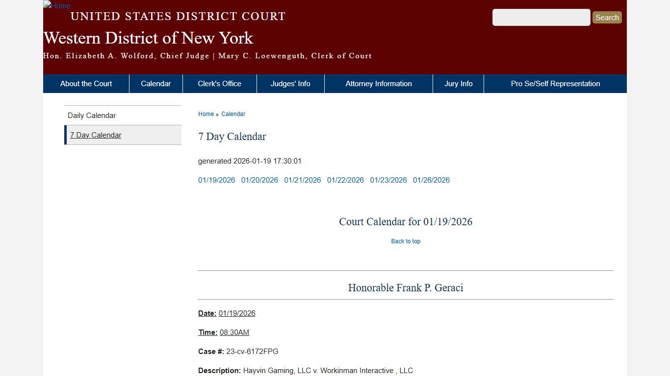 7 Day Calendar | Western District of New York | United States District Court